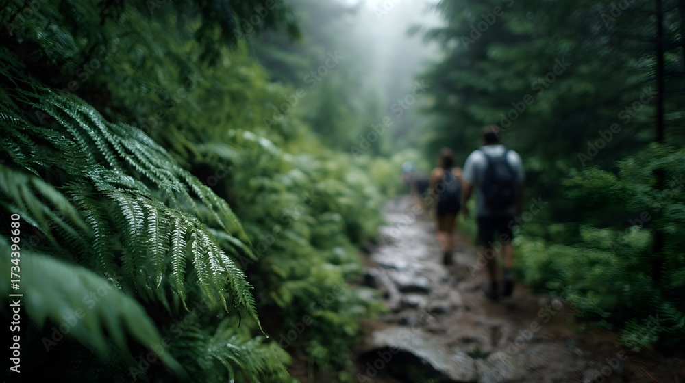 Obraz premium People hiking on a wet green forest trail surrounded by lush vegetation and mist