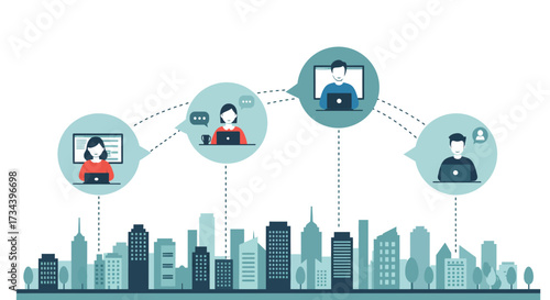 Remote Collaboration People Connecting Virtually with Cityscape Backdrop