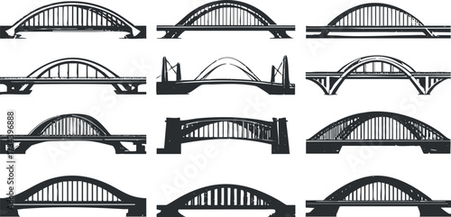 Collection of bridge silhouettes showcasing various architectural styles and designs in black and white..