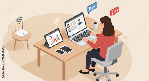 Modern woman working remotely on a laptop with video calls and digital devices on a table