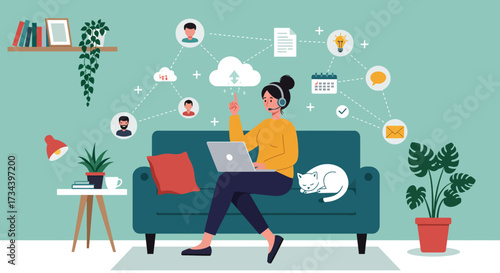 Woman Working from Home on Sofa, Connected to Cloud, with Networking Icons and Plants Around