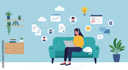 Young woman working remotely from home, surrounded by digital connectivity icons representing online learning, communication, and productivity in a modern lifestyle setting