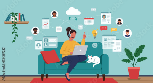 Young woman working from a cozy home office, managing tasks and collaborating with a virtual team online
