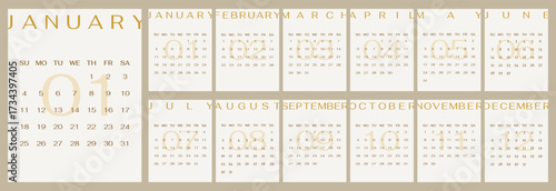 Modern Calendar 2026 template of 12 month vertical pages set. Week starts on sunday english planner for the year