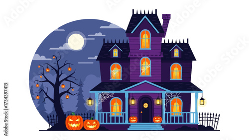 Spooky House at Night: A whimsical illustration of a haunted house on Halloween night, with carved pumpkins, spooky tree and a full moon, and creating a sense of eerie atmosphere.