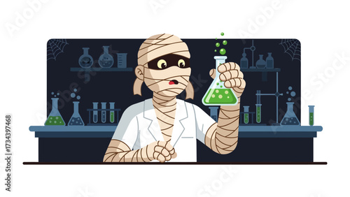 Mummy Scientist Experimenting: A mummy scientist gazes intently at a bubbling green potion in a lab setting, exploring the mysterious realms of science with a touch of Halloween flair.