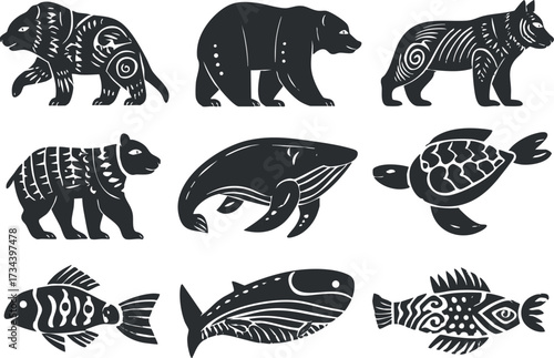 A collection of stylized black silhouettes of various animals including bears, wolves, and marine life..