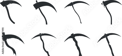 A collection of black silhouette scythes showcasing different designs and shapes for agricultural use..