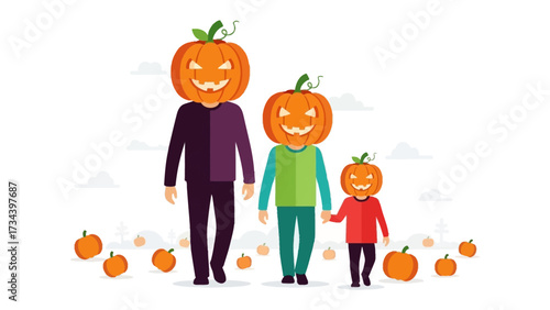 Family of Pumpkins: A whimsical illustration of a family, their heads replaced by smiling pumpkins, strolls together on a joyful Autumn day.