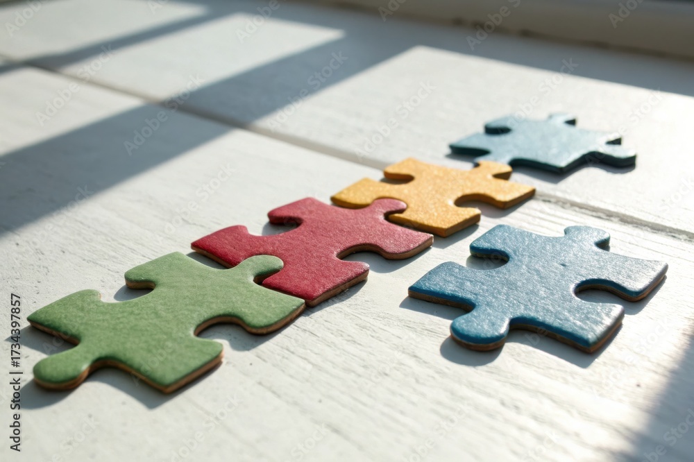 Obraz premium Puzzle pieces in a line on a white wooden surface