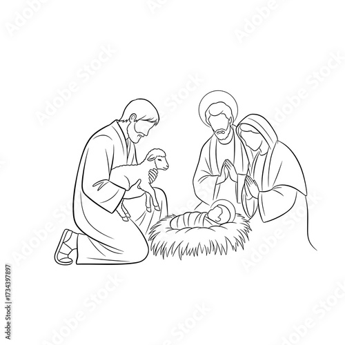 Nativity scene with Mary, Joseph, and baby Jesus surrounded by animals  