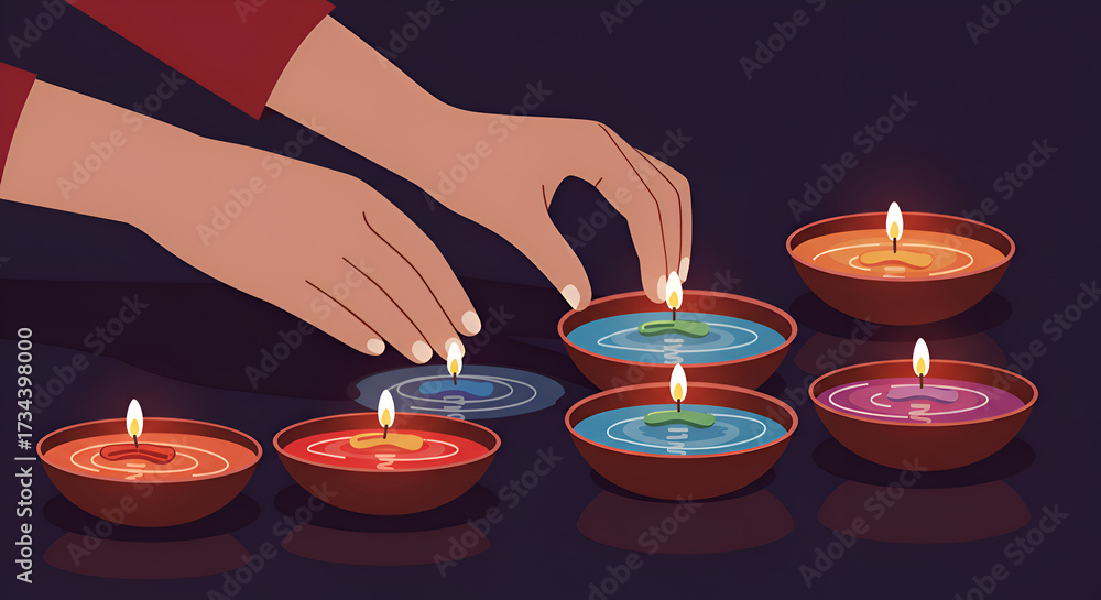 custom made wallpaper toronto digitalHands carefully lighting colorful traditional diya oil lamps.