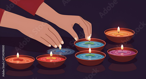 Wallpaper Mural Hands carefully lighting colorful traditional diya oil lamps. Torontodigital.ca