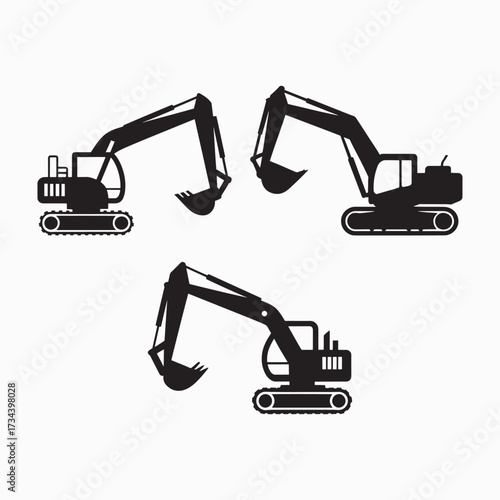 Set of three black excavator silhouettes, heavy construction machinery vector icons isolated on a white background.