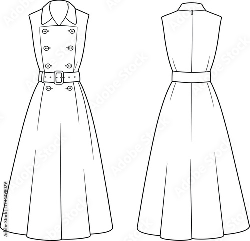 Women trench dress fashion flat sketch, sleeveless long dress design, belted waist detail, double breasted buttons, elegant garment illustration vector