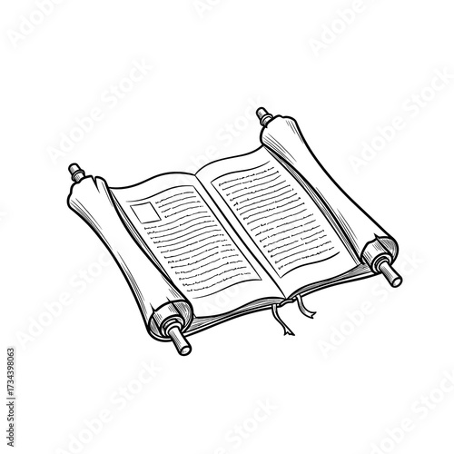 Ancient biblical scroll with text and wooden rods on white background  