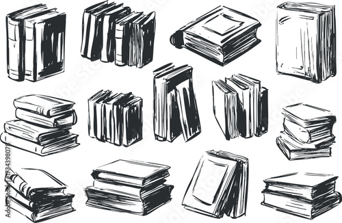 A collection of hand-drawn illustrations of various books in different styles and arrangements..