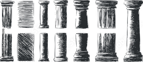 A collection of artistic sketches depicting various styles of architectural columns in black and white..