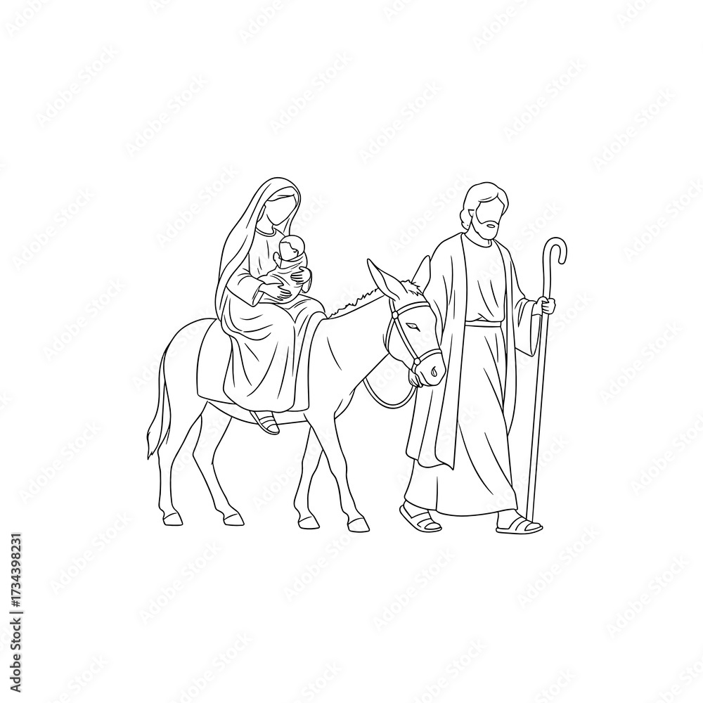 Fototapeta premium Mary and Joseph riding donkey while carrying baby in a biblical scene 