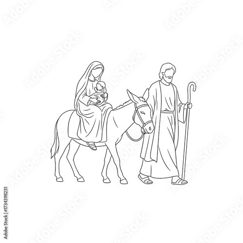Mary and Joseph riding donkey while carrying baby in a biblical scene  