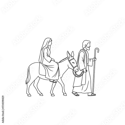 Mary riding on donkey while Joseph walks beside in biblical scene  