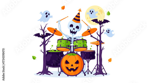 Halloween Musical Spectacle: A skeleton drummer, donned in a festive party hat, energetically performs on a drum set against a spooky Halloween backdrop.