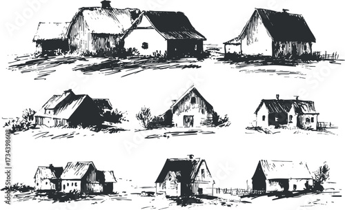 A collection of hand-drawn sketches depicting various rural houses and cottages in a scenic landscape..