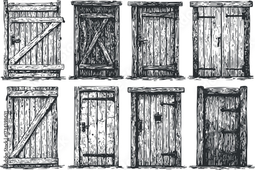 A collection of vintage wooden doors illustrated in a hand-drawn style showcasing various designs..