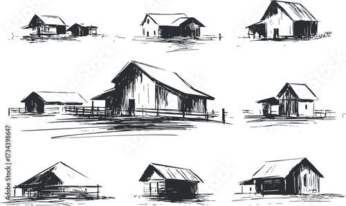 A collection of hand-drawn sketches depicting various barn structures in a rural landscape..