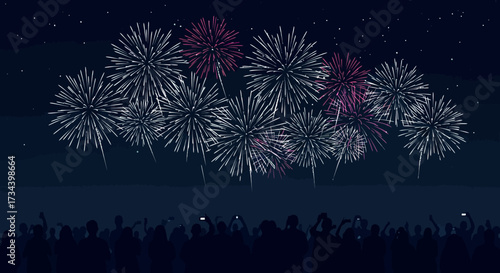 A vibrant display of colorful fireworks illuminates the night sky, captivating a silhouetted crowd during a festive celebration or special event with stunning pyrotechnics