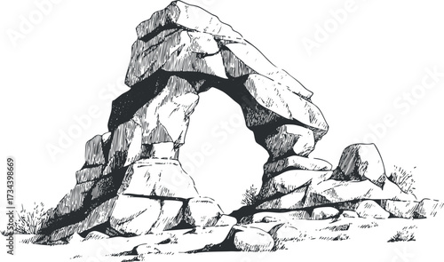 Hand-drawn illustration of a rocky arch formation in a natural landscape setting..