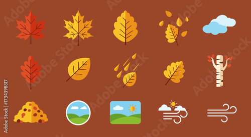 Autumn icon set featuring leaves weather and scenery on a brown background