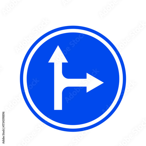 Mandatory Traffic Sign Vector Icon | Proceed Straight or Turn Right Symbol | Blue Circle Regulatory Road Sign for Driving Direction and Navigation Graphics

