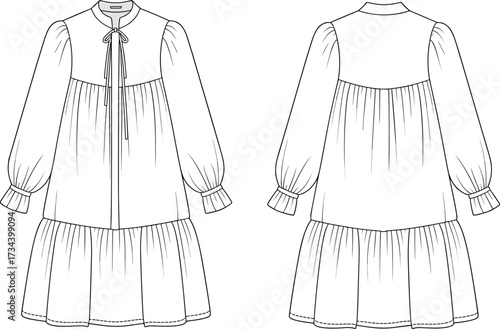 Women long sleeve dress with bow tie neck, loose fit tiered hem fashion sketch, vector flat CAD clothing design template