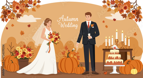 Cartoon illustration of a bride and groom at an autumn wedding with pumpkins and candles