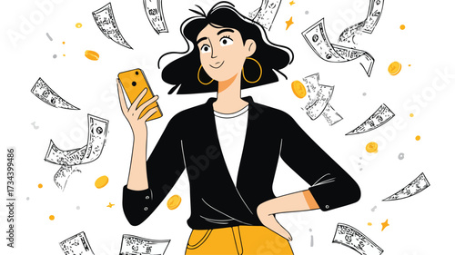 Elegant Businesswoman Holding Smartphone and Dollar Bills in Professional Setting