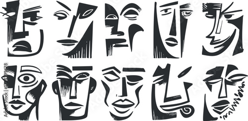 A collection of abstract faces showcasing diverse expressions and artistic styles in black and white..