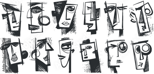 A collection of abstract and stylized faces illustrated in a modern artistic style..