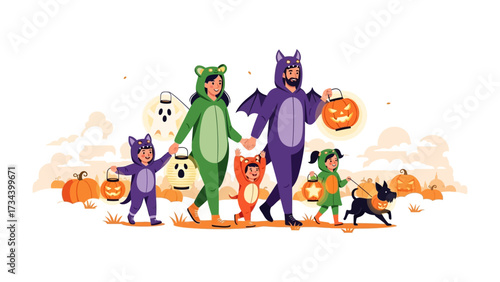 Spooky Stroll: A whimsical Halloween illustration depicts a family in charming costumes, trick-or-treating with a friendly dog. Capturing the joy and festive spirit of the season