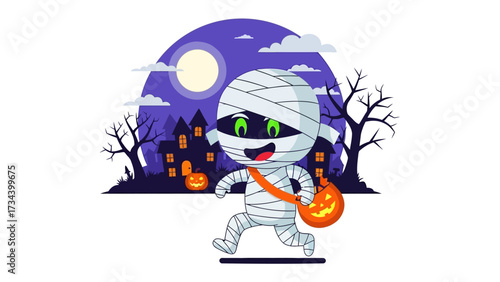 Mummy Kid's Halloween Adventure: A cheerful mummy kid joyfully strides through a spooky scene, embodying the playful spirit of Halloween against a backdrop of moonlit night and classic eerie elements.