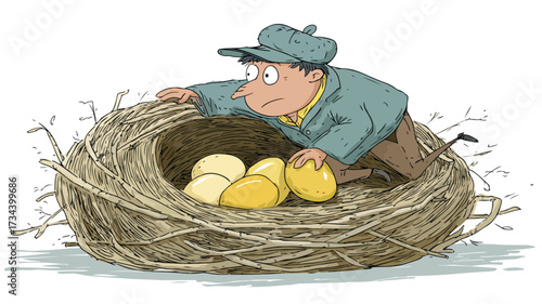 Careless Man Gathering Nest Eggs Cartoon Vector Illustration