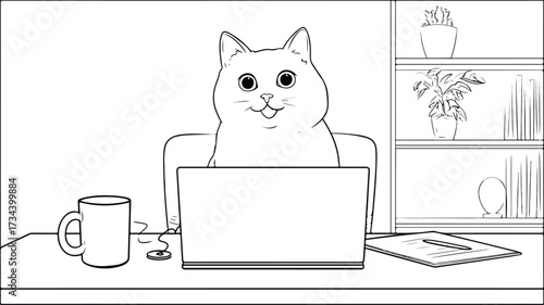 Professional Cat Participating in Video Conference Call Vector Illustration