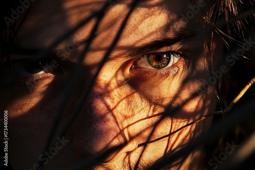 A dramatic view of the man s face partially illuminated by sunlight with the texture of the wool creating a sharp contrast