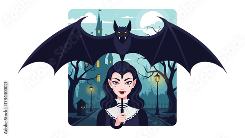 Midnight Elegance: An illustrated figure of an elegant woman stands beneath a watchful bat. The image captures the mystery of a dark night scene with a haunting essence.