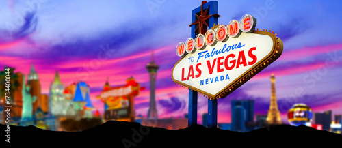 Welcome To Fabulous Las Vegas Sign With Beautiful City Lights at Sunset