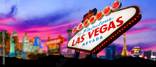 Welcome To Fabulous Las Vegas Sign With Beautiful City Lights at Sunset