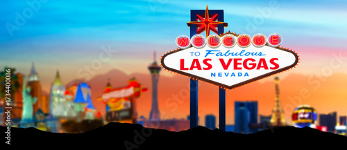 Welcome To Fabulous Las Vegas Sign With Beautiful City Lights at Sunset