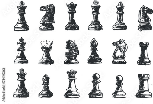 A detailed illustration of various chess pieces showcasing kings, queens, knights, and rooks..