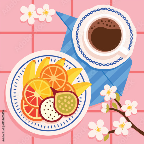 flat lay illustration of a breakfast scene on a pink tiled surface