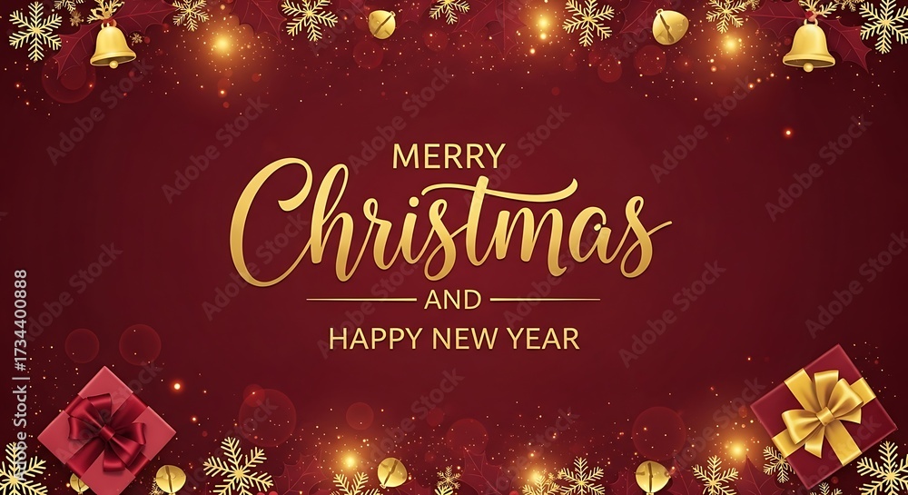 Naklejka premium Elegant merry christmas and happy new year greeting card with golden text, snowflakes, bells, and gift boxes on a festive red background for holiday cheer